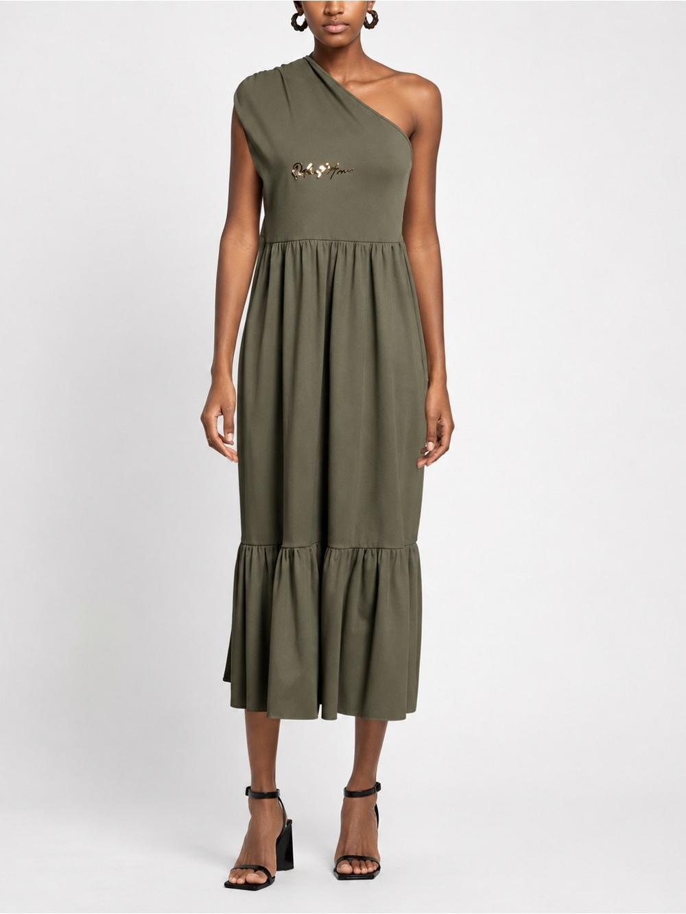 Odi et Amo US 4 Olive Green One Shoulder Cotton Tiered Maxi Dress Made in Italy